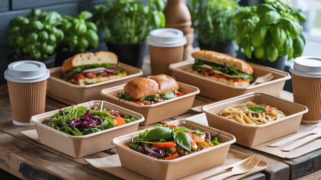Cinematic Product Video of Eco-Friendly Food Packaging with Salads, Sandwiches, and Pasta in Sustainable Caf&eacute; Setting