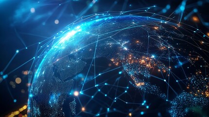 Dynamic global network connecting cities, a modern vision of international communications and worldwide business connectivity in bright blue tones
