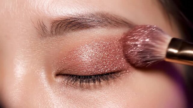 Makeup Brush and Eye Shadow: A close-up shot of an eye, delicately accentuated with shimmering eyeshadow, applied with precision. Showing the art of makeup, where beauty meets expertise. 