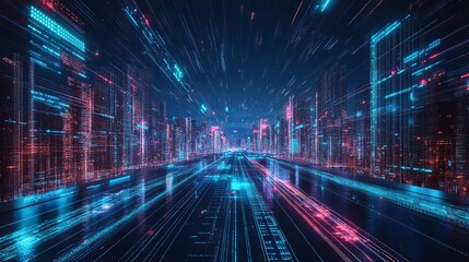 Fototapeta premium Experience the vibrant energy of a futuristic cityscape with glowing neon lights, perfect for tech, innovation, and dynamic urban concepts.