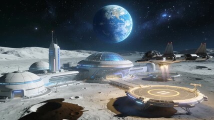 Futuristic lunar colony with spacecraft landing and Earth rising. Multiple domed habitats, landing pad, and military aircraft approaching moon base at night. Static wide shot. - Powered by Adobe