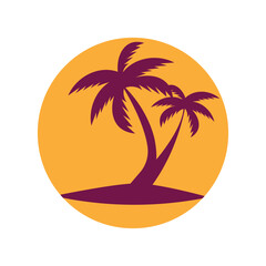 Tropical Beach Sunset Vector Illustration with Palm Trees and Ocean.  summer vacation clipart travel logo elements.