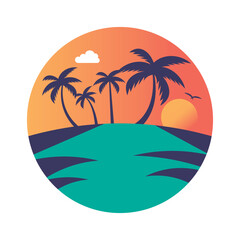 Obraz premium Tropical Beach Sunset Vector Illustration with Palm Trees and Ocean. summer vacation clipart gradient sky design, travel logo elements.