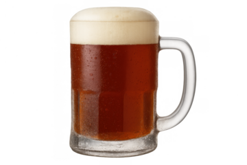 Beer mug overflowing with dark ale and frothy white head, offering a refreshing drink on transparent background