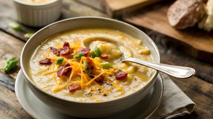 A hearty and creamy loaded potato soup in a rustic bowl, garnished with crispy bacon, shredded cheddar cheese, and green onions