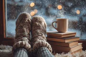 Obraz premium close-up of feet wearing chunky wool socks resting by a rainy window with a mug and books