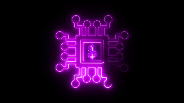 pink Glowing Neon Doller Microchip Circuit Icon on Dark Background &ndash; Future Technology 4K Animation