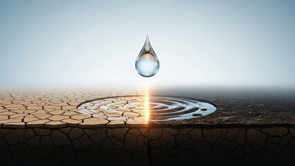 Water droplet hovering above dry soil turning into hydrated ground, glowing hope effect, clean vector style.