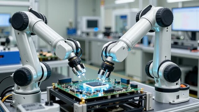 Robotic arms assembling circuit board in electronics manufacturing facility. Dual collaborative robots performing precision soldering on microchip component