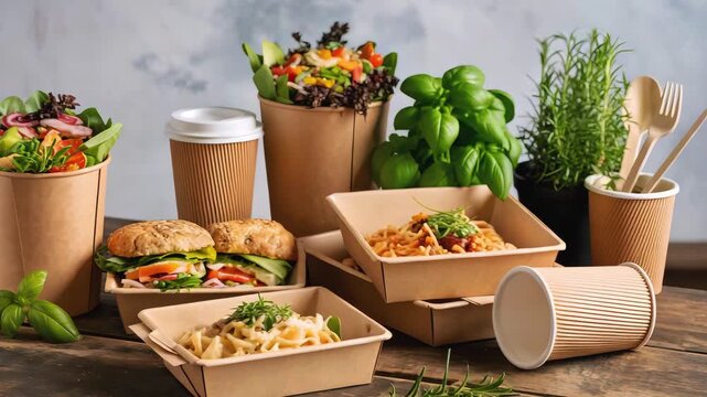 Cinematic Product Video of Eco-Friendly Food Packaging with Salads, Sandwiches, and Pasta in Sustainable Caf&eacute; Setting