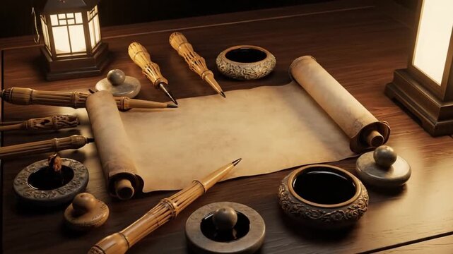 Circular Arrangement of Traditional Calligraphy Tools Under Soft Lantern Light