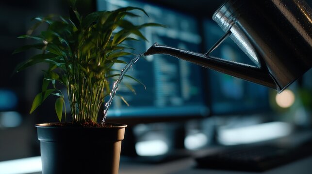 Watering a plant in office at night symbolizing growth and care