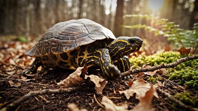 Turtle in natural forest environment with sun flares