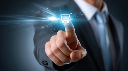 A person uses a touchscreen to select items for purchase in a futuristic shopping experience, showcasing a digital cart