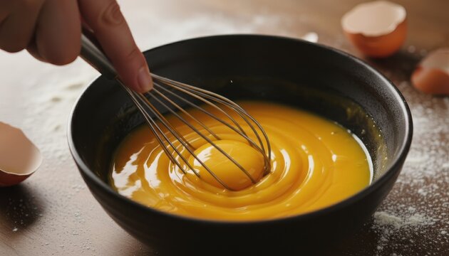 Person's hand using a metal wire whisk to mix bright yellow egg yolks in a dark bowl, creating glossy ripples on a flour-dusted surface during a culinary preparation