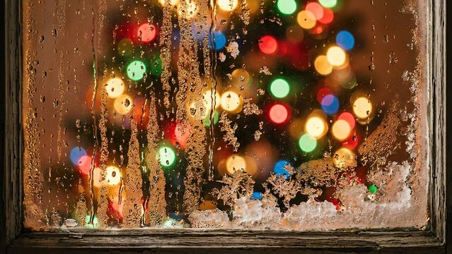 Cozy Christmas Tree Lights Through a Rain-Streaked Window on a Cold Winter Night