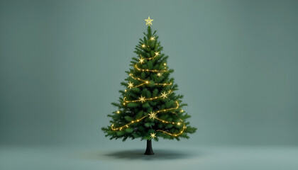 Simple green christmas tree decorated with glowing golden star string lights against a muted teal background