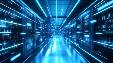 Step into the future with this powerful server room, a dynamic visualization for modern tech, data, and cloud solutions in sleek blue hues