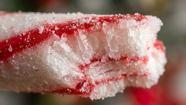 Macro shot of a broken candy cane with visible sugar crystals and red stripes. - Powered by Adobe