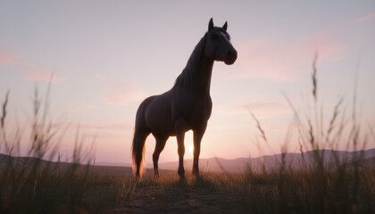Naklejka premium Magnificent dark brown horse with a white blaze stands majestically in a grassy meadow, silhouetted against the warm, golden glow of a serene and beautiful sunset