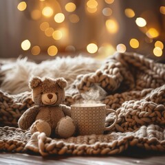 realistic cozy scene with a plush toy next to a mug of hot chocolate, knitted blanket, fairy lights
