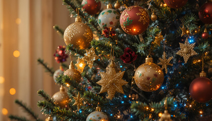 Close up of a richly decorated christmas tree featuring gold ornaments red baubles and twinkling warm and cool holiday lights