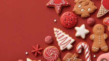 Flat lay banner of Christmas sugar cookies with red icing on transparent background including tree, star, snowflake, candy cone, gingerbread man.
