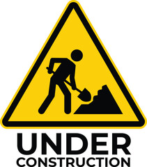 Under construction sign, worker with shovel, road warning symbol vector
