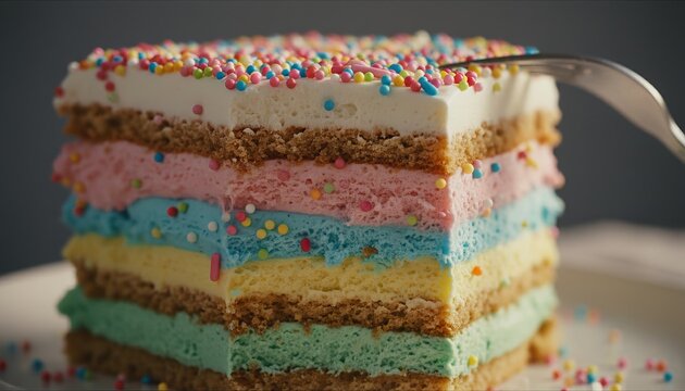 Colorful layered rainbow cake slice with sprinkles and cream frosting is being eaten with a fork, showing the delicious pastel-colored mousse and biscuit layers