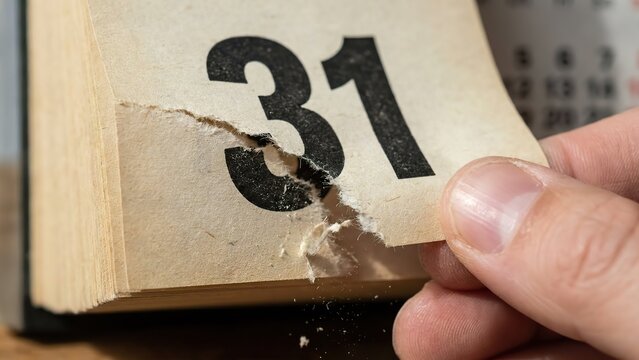 Close-up of a hand tearing a page with the number 31 from a vintage tear-off calendar. - Powered by Adobe