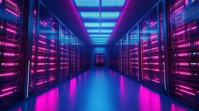 Futuristic server room with neon lights illuminating data racks for a modern technology company, showcasing innovation and high-tech infrastructure