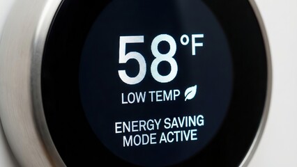 Close-up of a smart thermostat displaying 58&deg;F in energy-saving mode with "LOW TEMP" indicated.