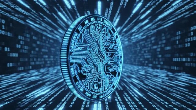 Rotating Digital Coin with Blockchain Circuit Above Glowing Data Grid