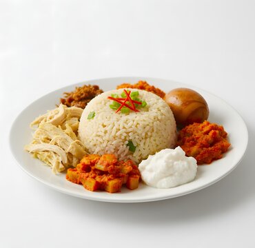 portrait of nasi liwet solo on white background, food-focused.