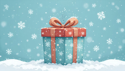 Festive blue and red gift box sits nestled in fresh snow under a gentle winter snowfall illustration