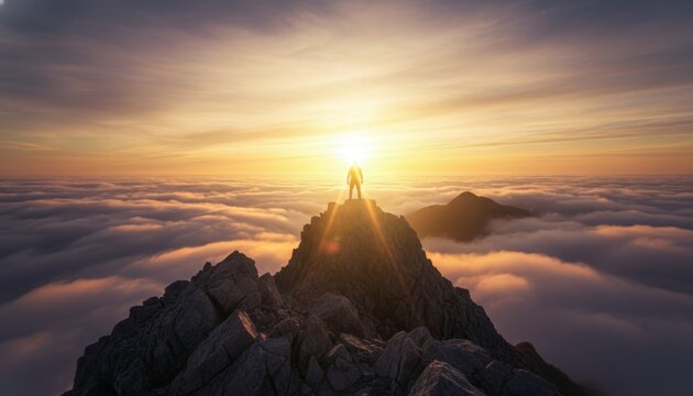 Triumphant person's silhouette on a mountain summit above the clouds is backlit by the warm, glowing light of the rising sun in an epic and inspirational landscape