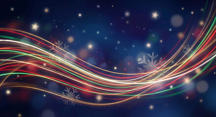 Christmas night sky with light trails and stars, magical winter background