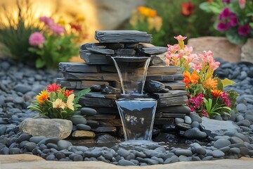 Beautiful Serene Waterfall Feature in a Lush Garden Environment with Vibrant Flowers Adds a Tranquil Touch.