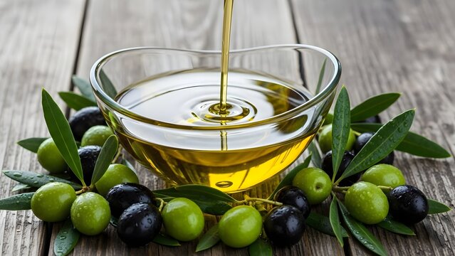 Golden olive oil pouring into transparent glass bowl surrounded by fresh green and black fruits on rustic wooden background tabletop