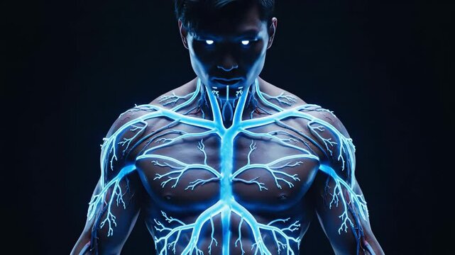 neon vascular overlay on muscular male showing glowing blue circulatory network across chest, arms and torso in dark studio; cinematic lighting highlights veins and nerves, medical visualization meets