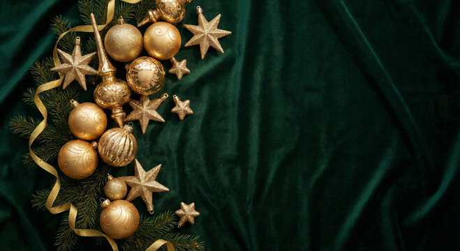 Luxury Christmas background with gold ornaments on dark green, elegant festive design