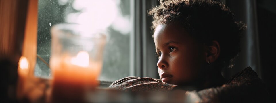 Young Black girl watching a candle flame glowing by a window at dusk. Warm light creates a peaceful and intimate moment. Concept: calm, hope, childhood. banner