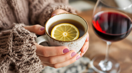 Woman hands holding hot lemon tea cup with glass of red wine in blurred background