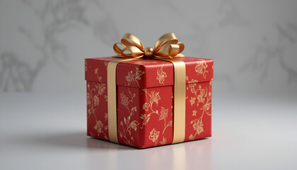 Luxurious red gift box with intricate gold floral pattern and elegant satin ribbon sits ready for presentation