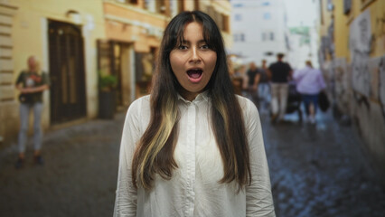 Obraz premium Hispanic woman gasping with mouth open on a narrow cobblestone street, long brunette hair and white shirt visible; surprise discovery.
