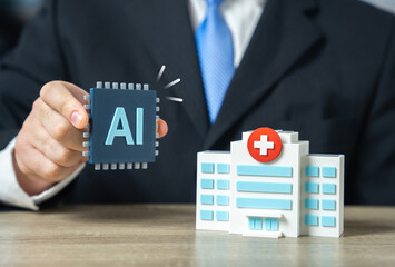 Artificial intelligence in medicine. An AI chip in the hands of an official near a hospital. The introduction of AI into the medical field. Healthcare diagnostics upgrades and digital transformation