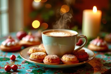 A cup of coffee with a green leaf on top of it