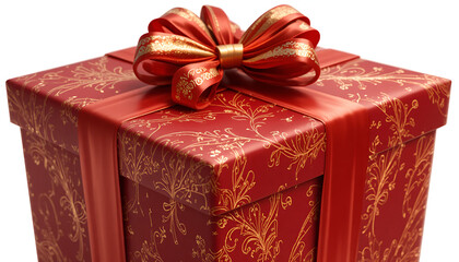 Luxurious red gift box wrapped with gold filigree pattern and tied with a large satin bow isolated on white
