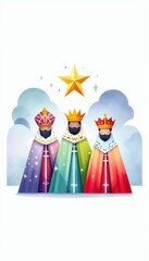 Watercolor illustration of three kings with crowns beneath a shining star and cloudy background
