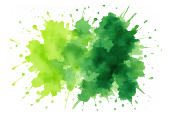 Green watercolor paint splashes creating an abstract organic texture with drips and splatters on transparent background